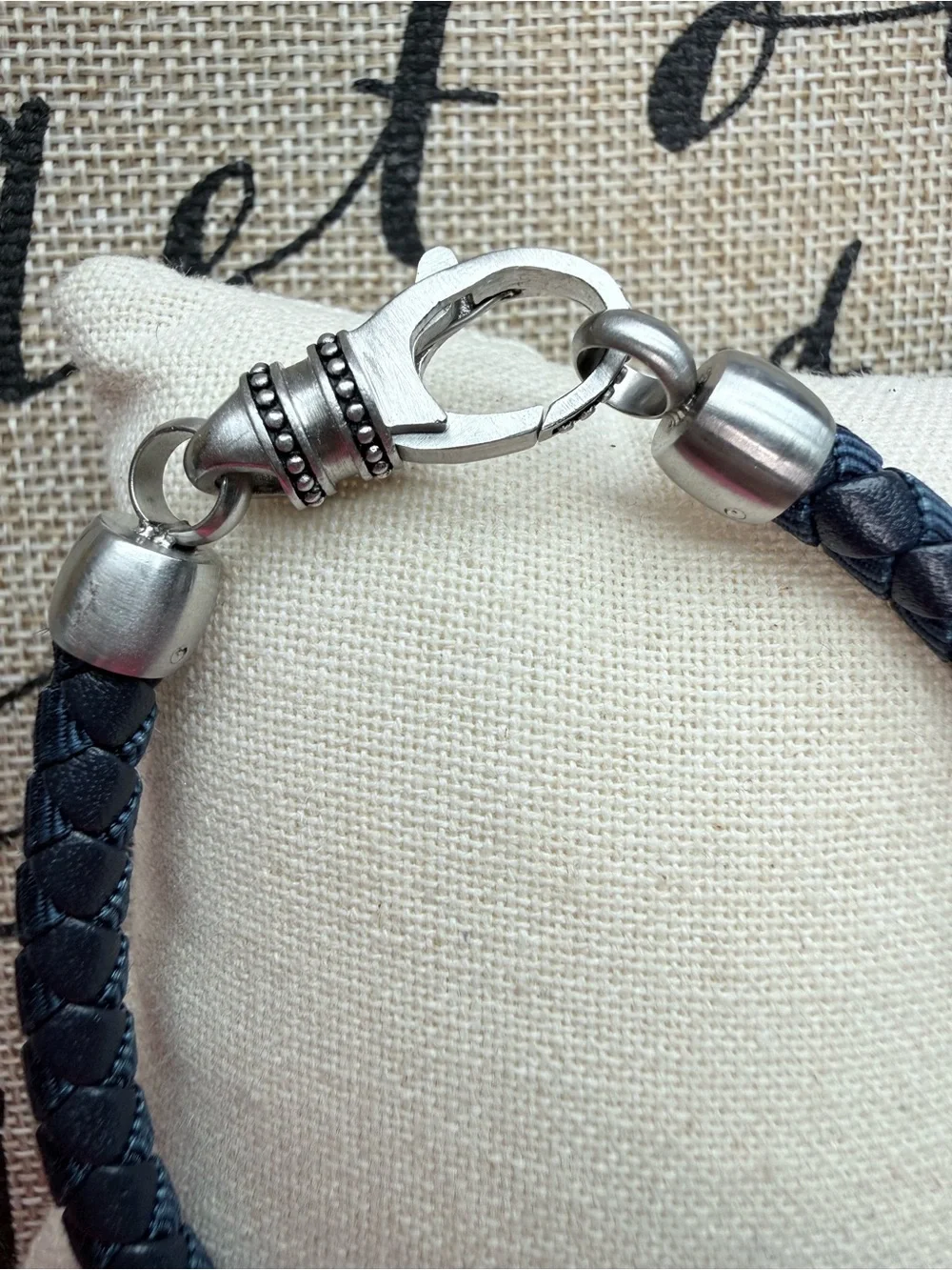 Men's Braided Leather Bracelet with Silver Clasp - Navy